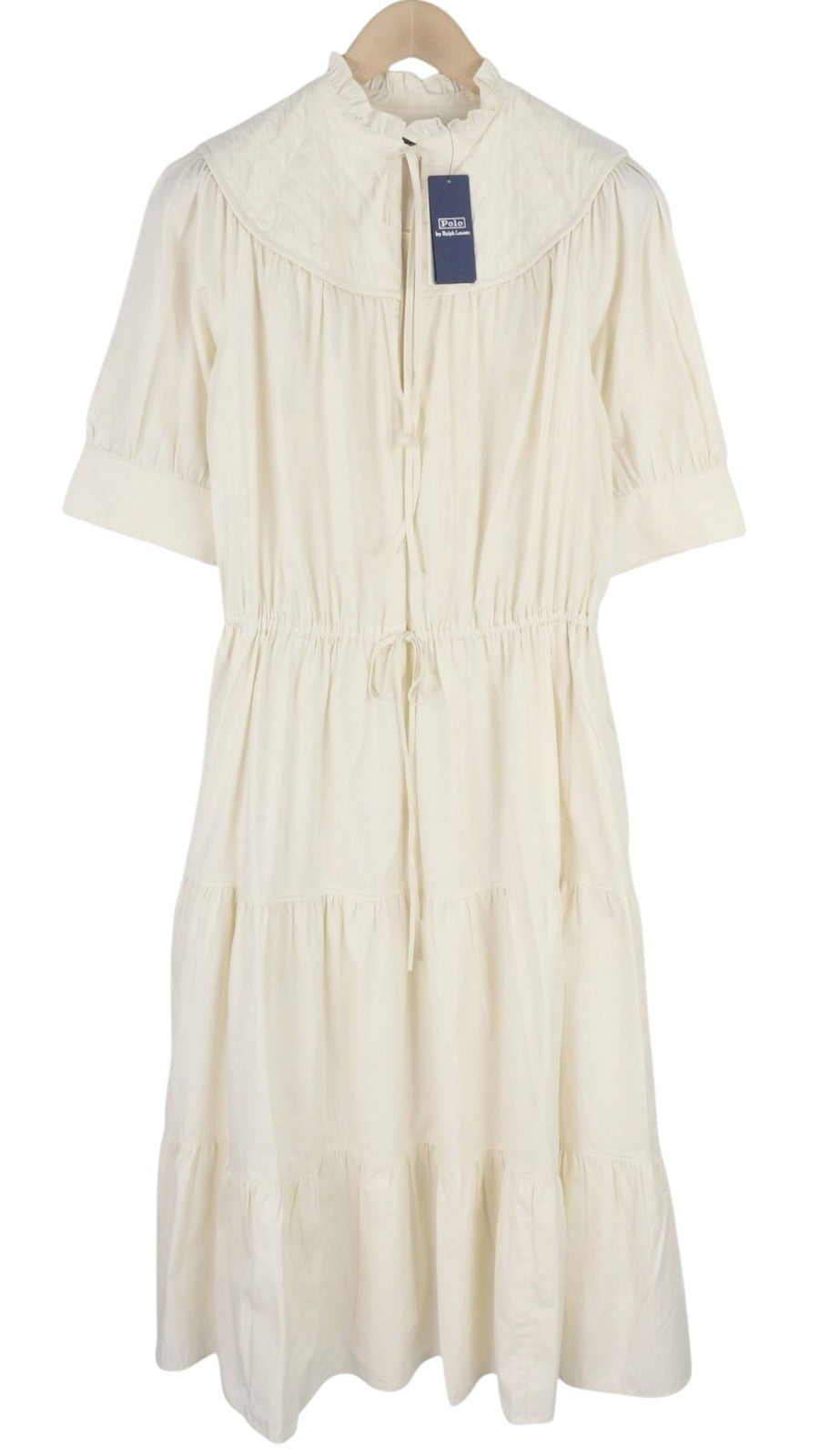 RALPH LAUREN Elia Women Dress S White Cotton Ruffle Collar 3/4 Sleeve Midi