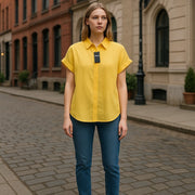 LAUREN RALPH LAUREN Women Shirt L Yellow Linen Short Sleeve Buttoned Spread