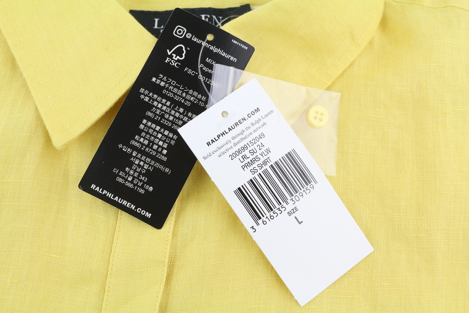 LAUREN RALPH LAUREN Women Shirt L Yellow Linen Short Sleeve Buttoned Spread