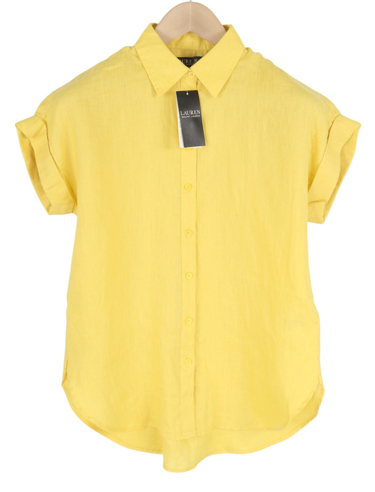 LAUREN RALPH LAUREN Women Shirt L Yellow Linen Short Sleeve Buttoned Spread