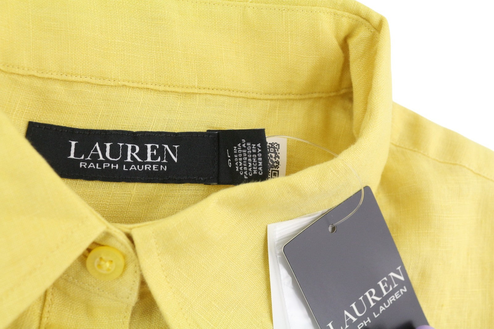LAUREN RALPH LAUREN Women Shirt L Yellow Linen Short Sleeve Buttoned Spread