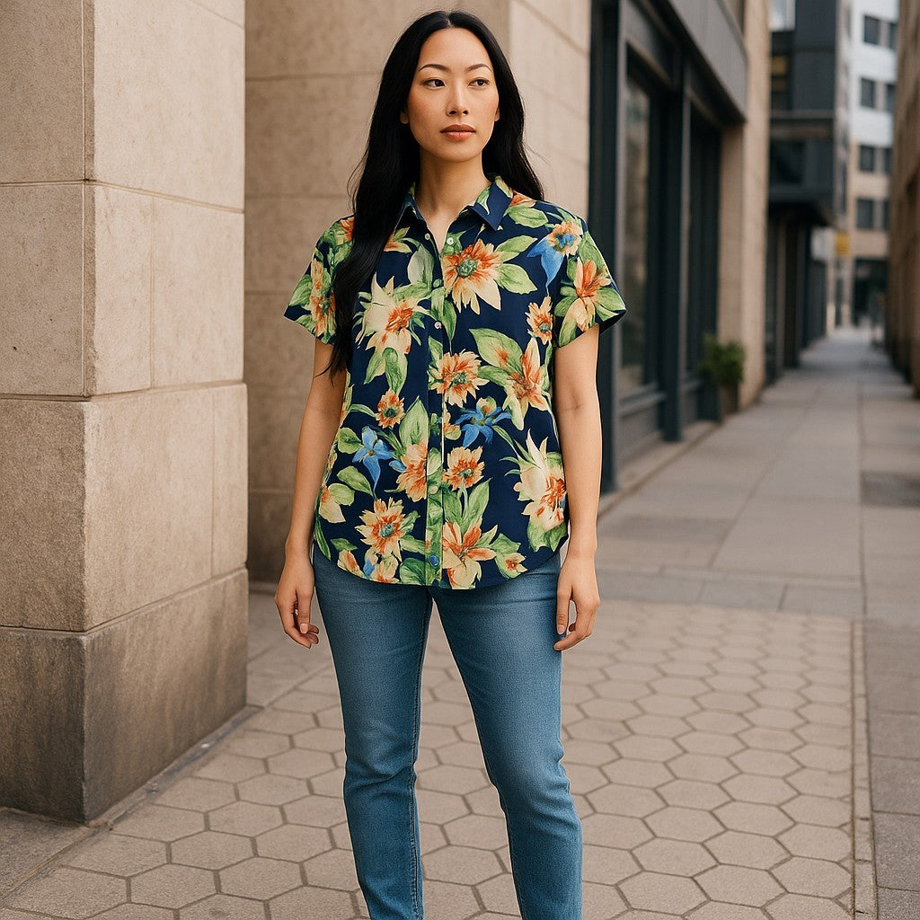 LAUREN RALPH LAUREN Women Shirt 2XL Linen Floral Short Sleeve Buttoned RRP169