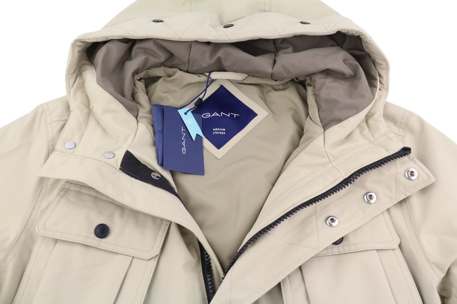 GANT Padded D2 Short Parka Men Jacket M Dry Sand Patch Pockets Hooded RRP395