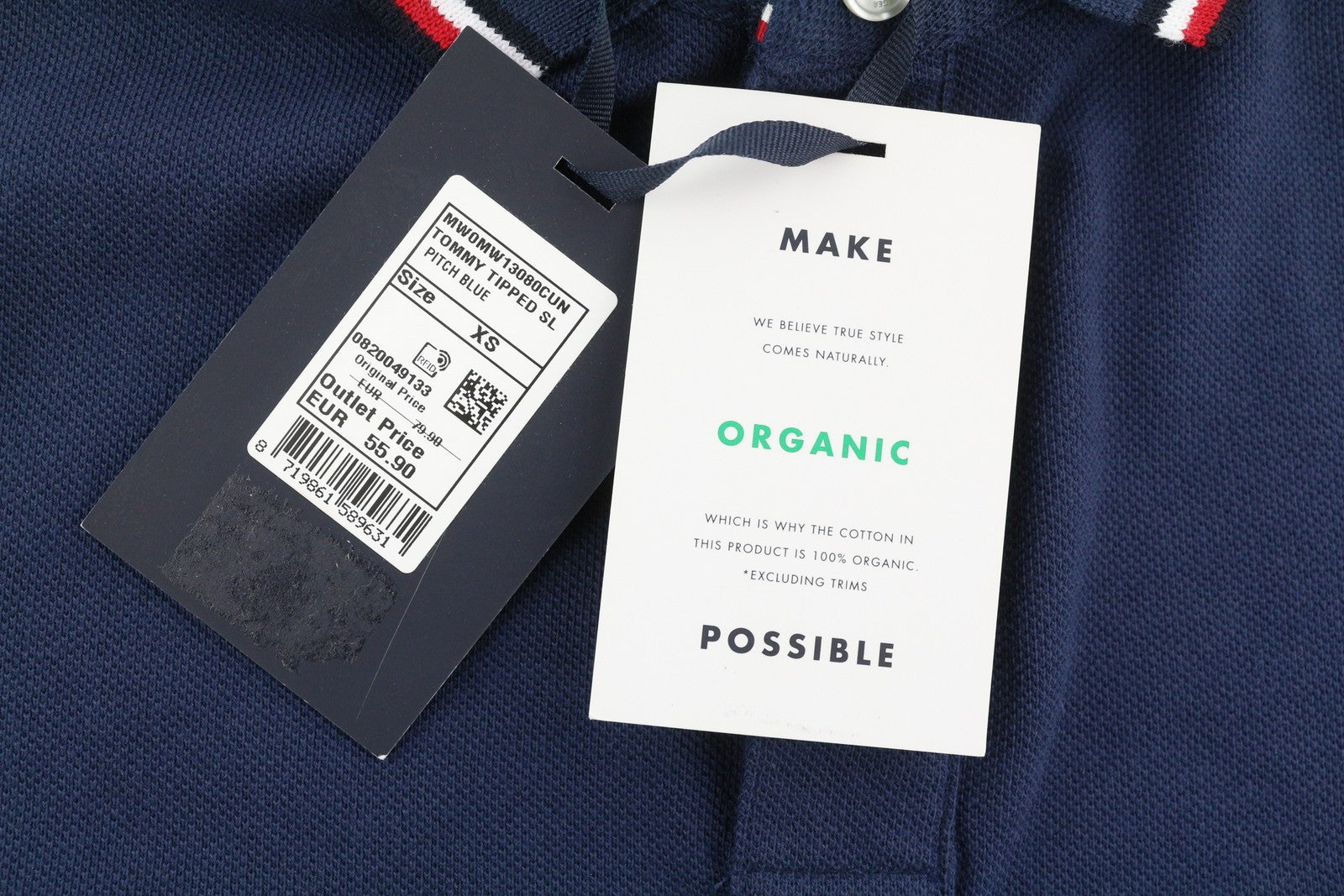 TOMMY HILFIGER Tipped SL Blue Men T-Shirt XS Organic Cotton Polo Slim