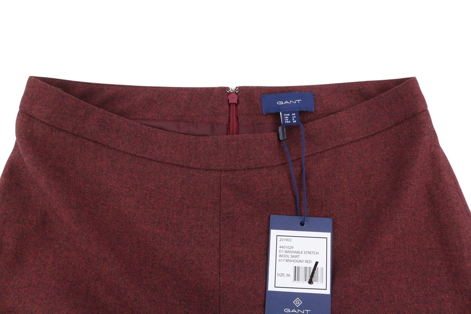 GANT Washable Stretch Wool Women Skirt EU36 Burgundy Melange Zip Knee Length
