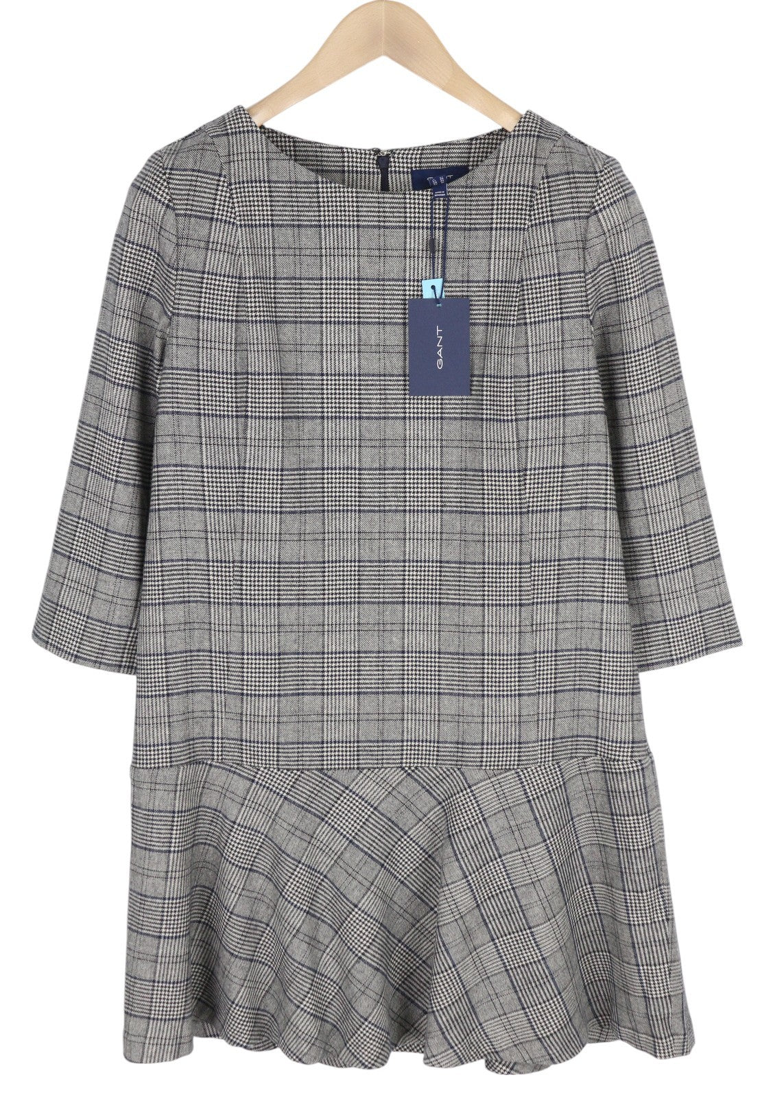 GANT Checked Flare Women Dress EU38 Grey Plaid Mini 3/4 Sleeve Round Neck