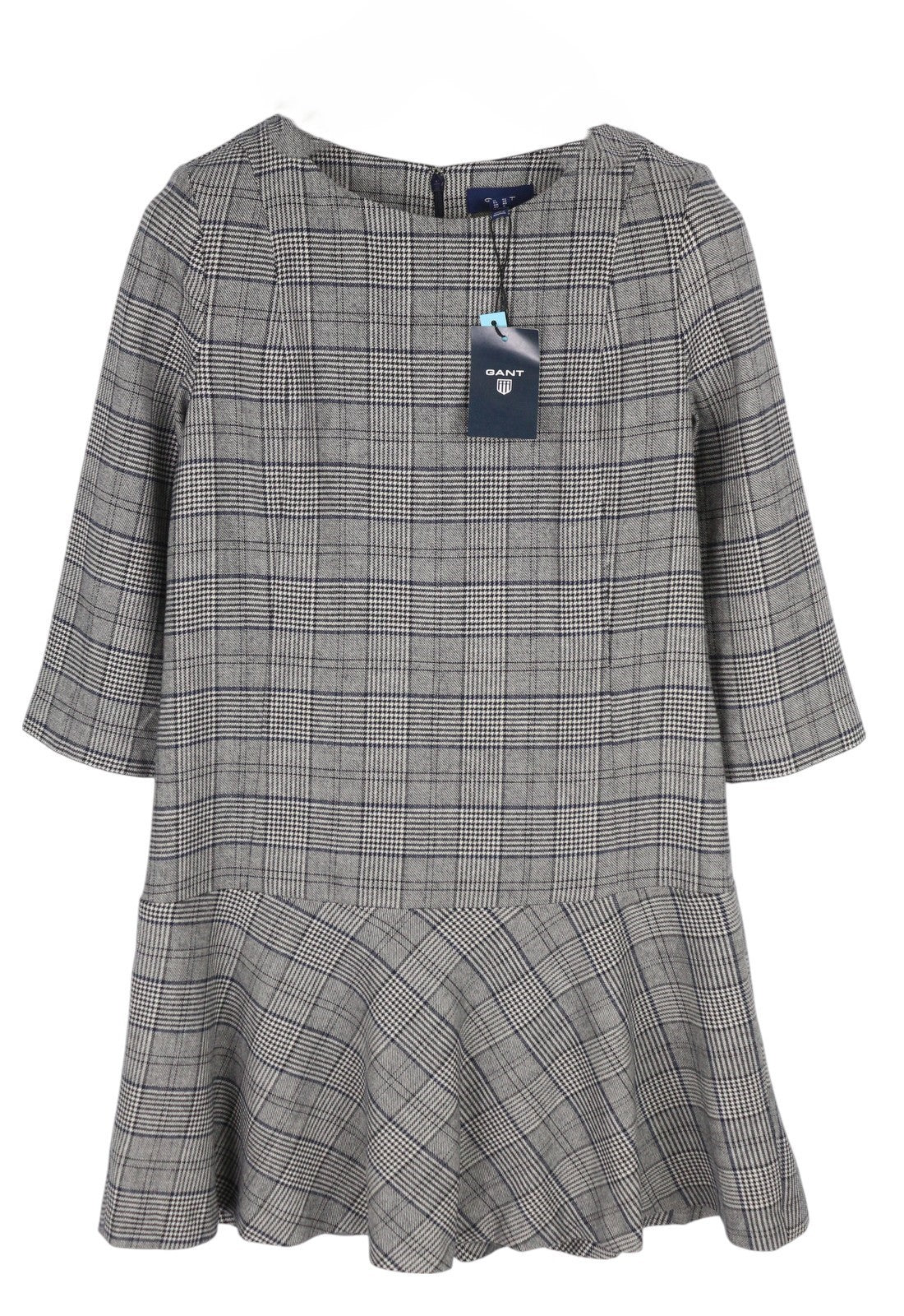GANT Checked Flare Women Dress EU36 Grey Plaid Mini Round Neck 3/4 Sleeve
