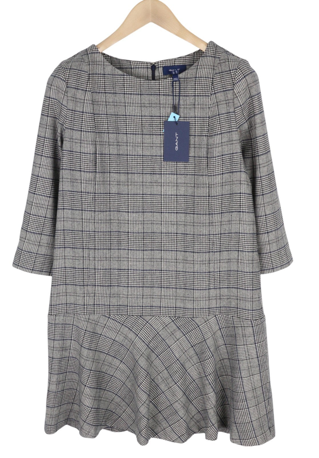 GANT Checked Flare Women Dress EU38 Grey Plaid Mini Round Neck 3/4 Sleeve