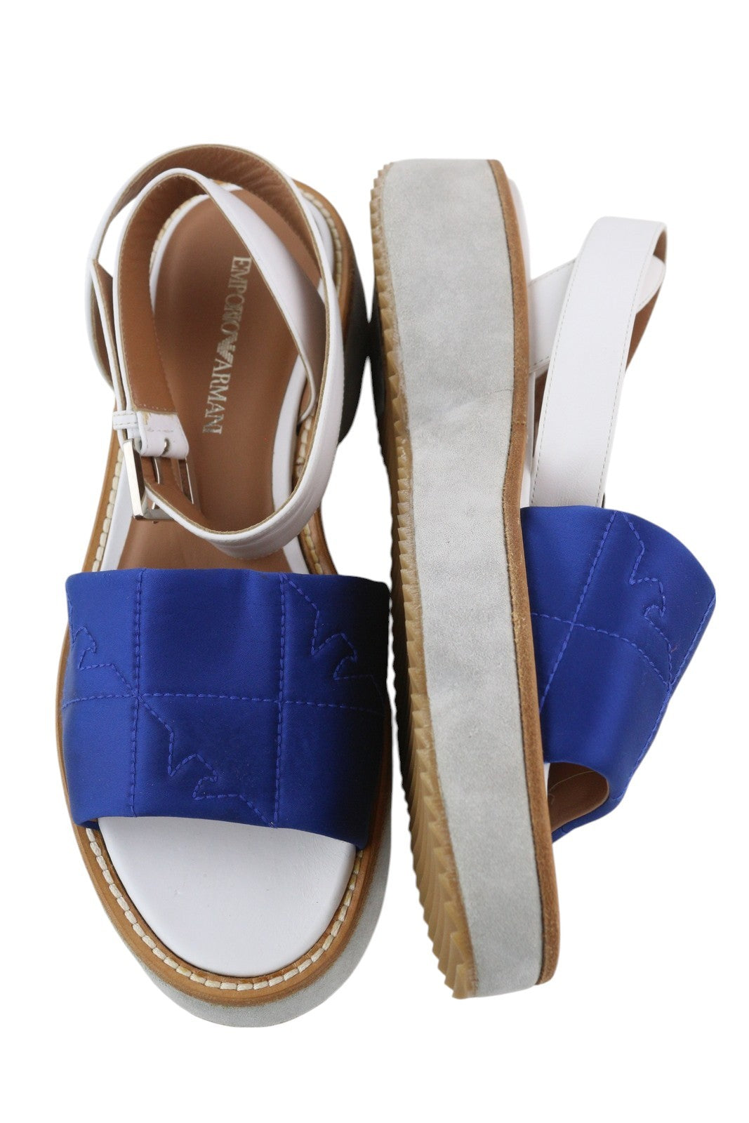 EMPORIO ARMANI X3U092 Women's Sandals EU37 Blue White Platform Open Toe Flat