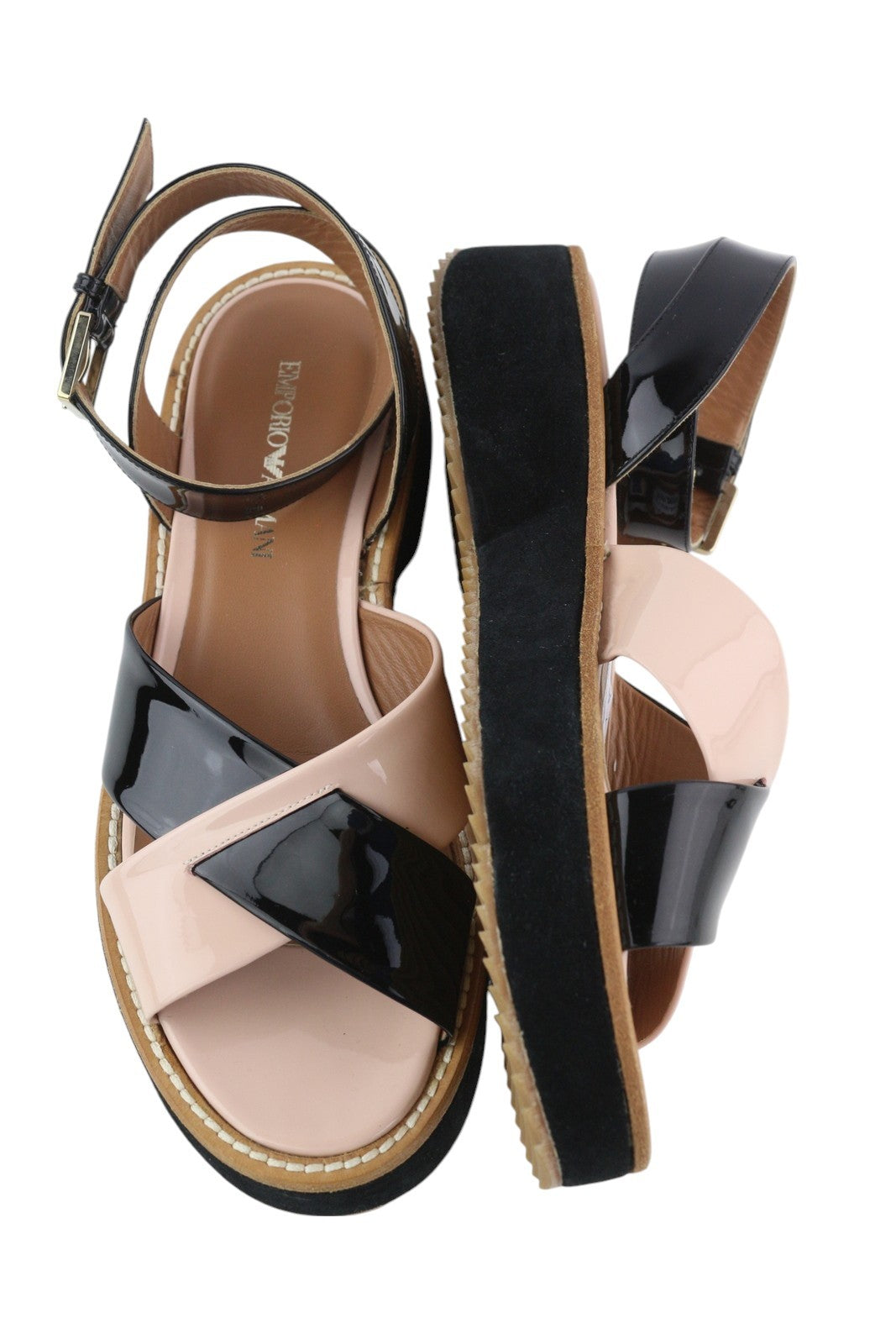 EMPORIO ARMANI X3U091 Women's Black Patent Platform Sandals EU37 Leather