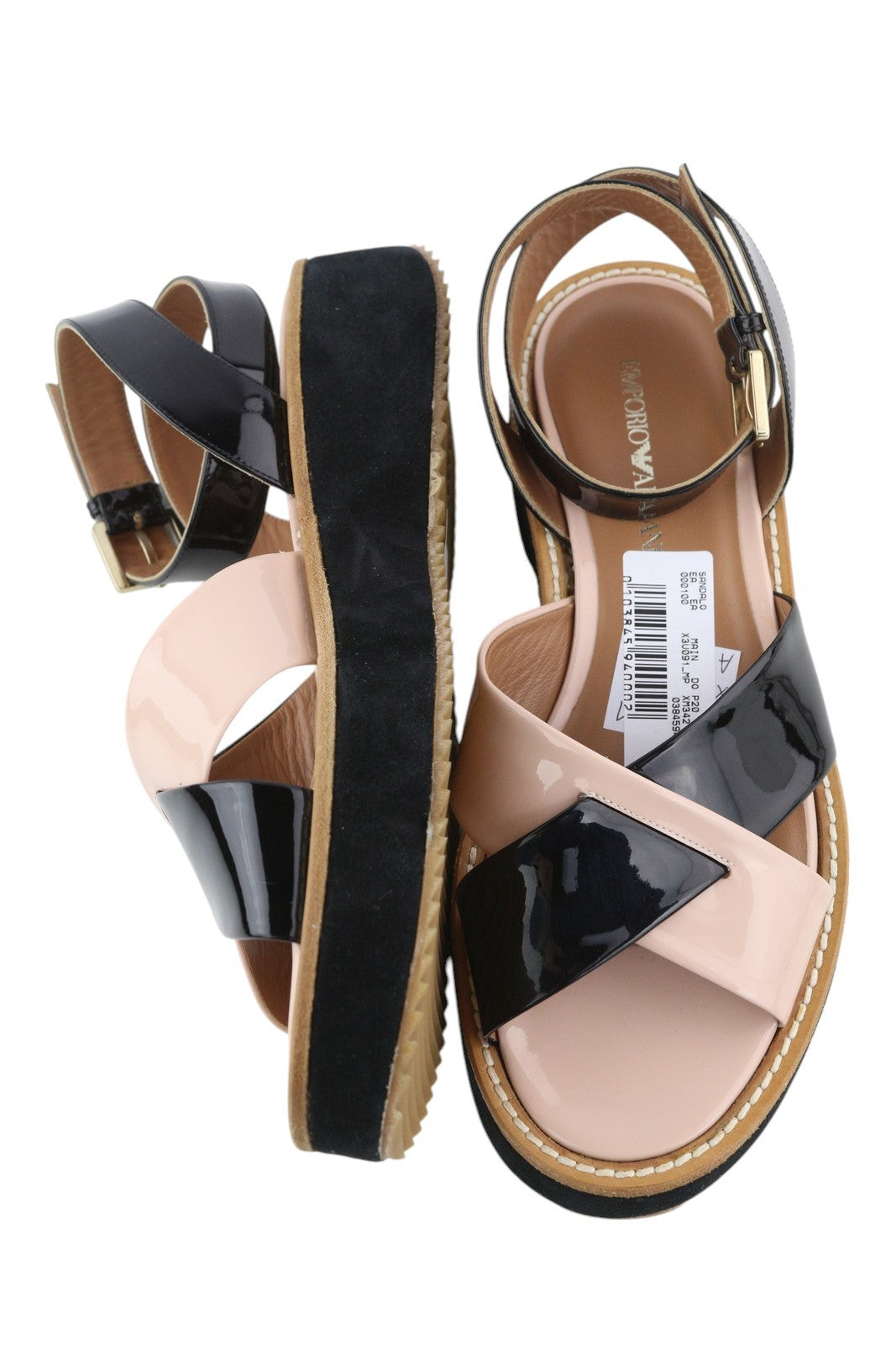 EMPORIO ARMANI X3U091 Women's Black Patent Platform Sandals EU37 Leather