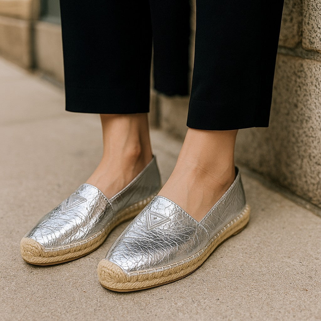 EMPORIO ARMANI Women's Silver Shiny Leather Espadrilles EU37 Slip On
