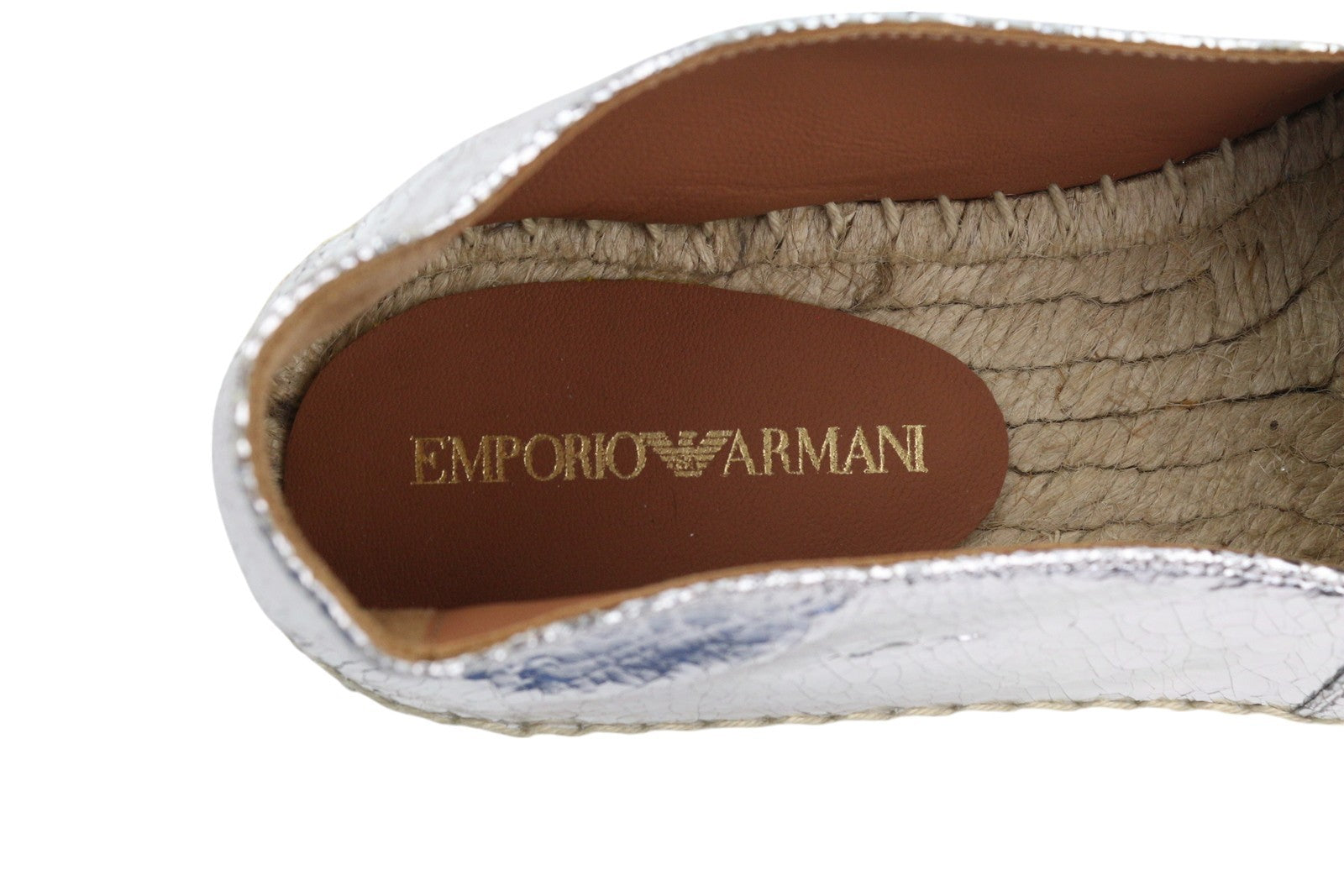 EMPORIO ARMANI Women's Silver Shiny Leather Espadrilles EU37 Slip On