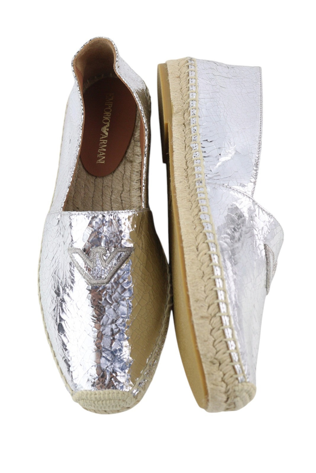 EMPORIO ARMANI Women's Silver Shiny Leather Espadrilles EU37 Slip On