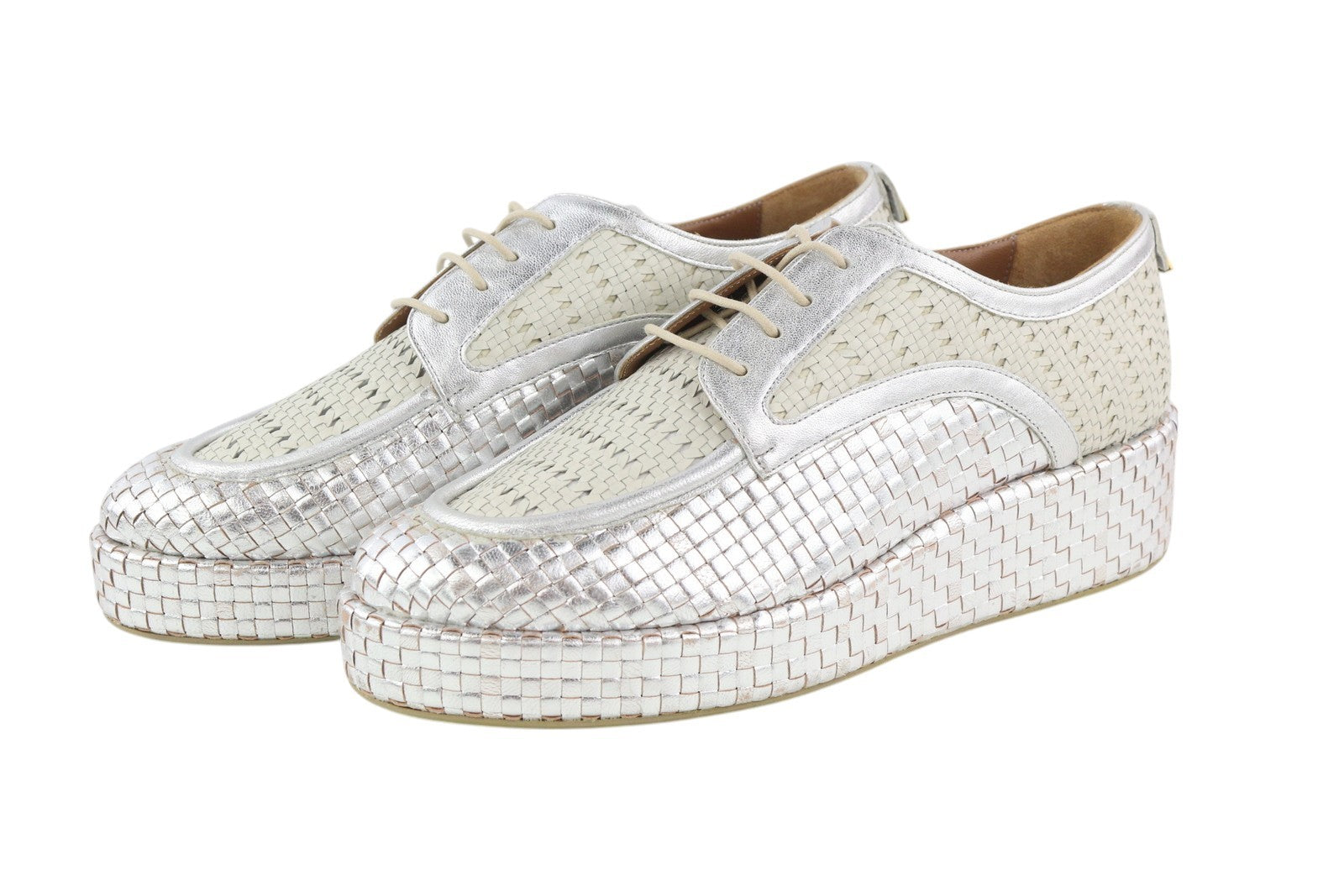 EMPORIO ARMANI X3C140 Women's Silver Braided Platform Shoes EU37 Lace Up