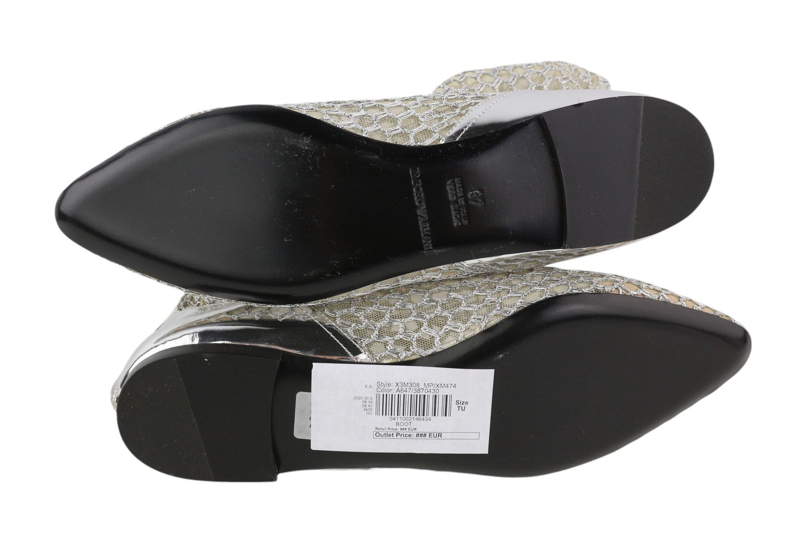 EMPORIO ARMANI X3M308 Women's Silver Mesh Flats EU37 Pointed Toe Ankle