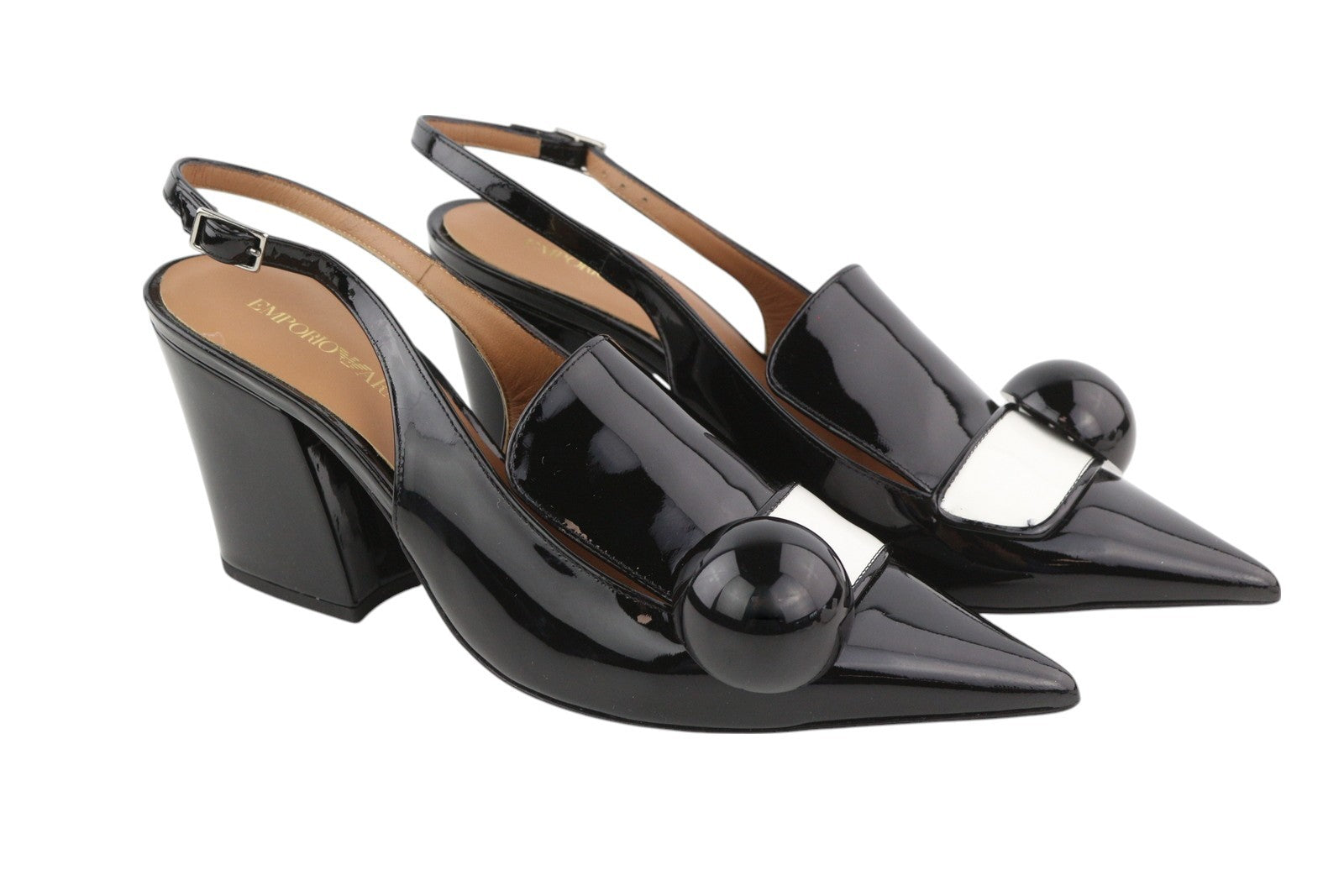 EMPORIO ARMANI X3F134 Women's Black Patent Heels EU37 Buckle Pointed Toe