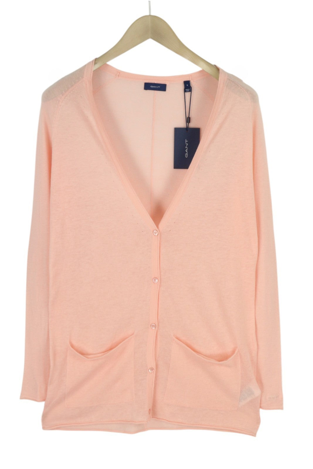 GANT Women's Peach Linen Blend Cardigan S Fine Knit V-Neck Button Jumper