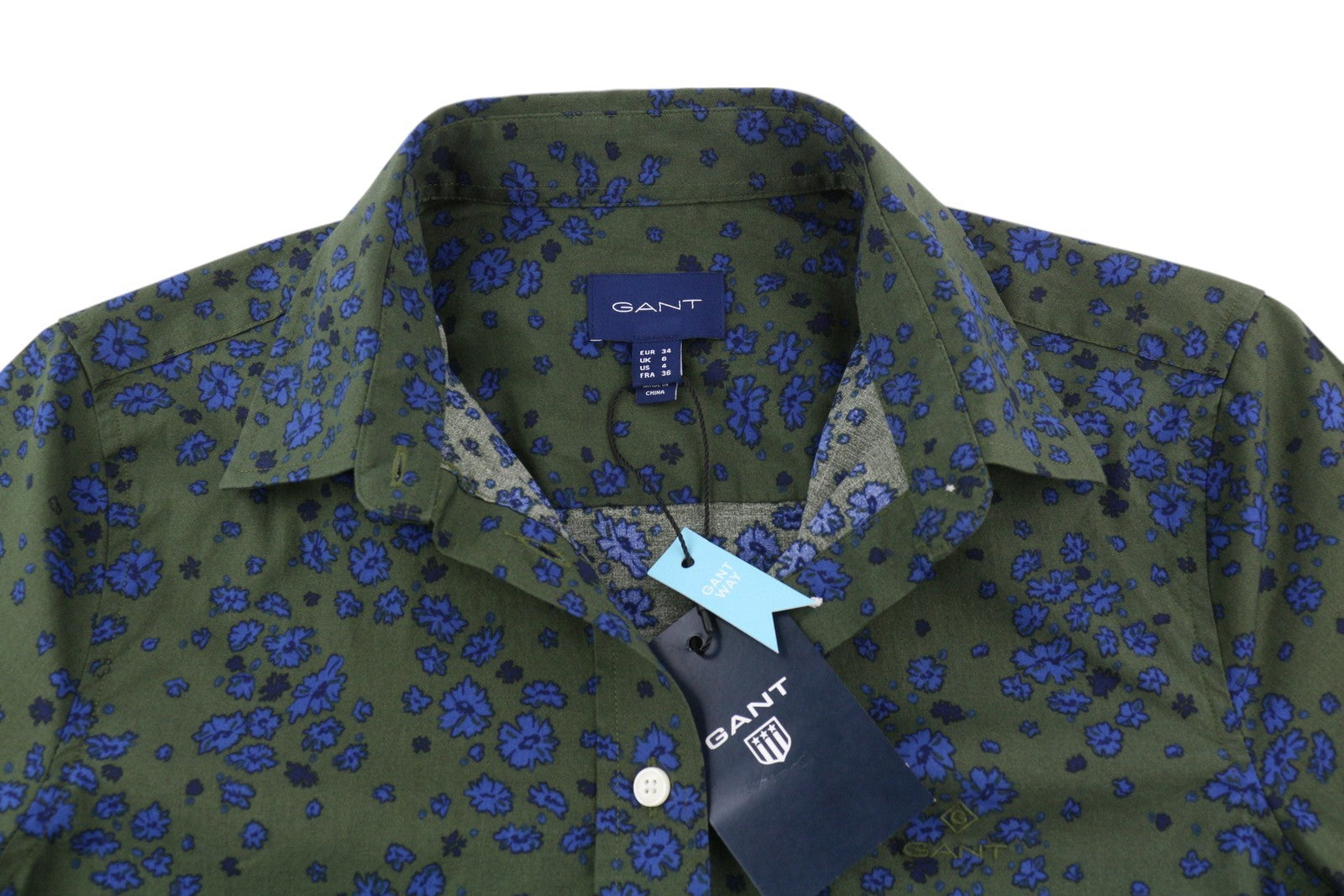 GANT Women's Green Khaki Floral Stretch Shirt EU34 Button Front Spread Neck