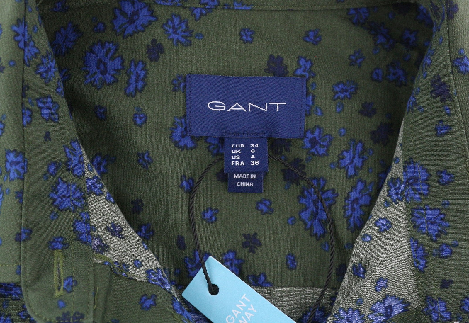GANT Women's Green Khaki Floral Stretch Shirt EU34 Button Front Spread Neck