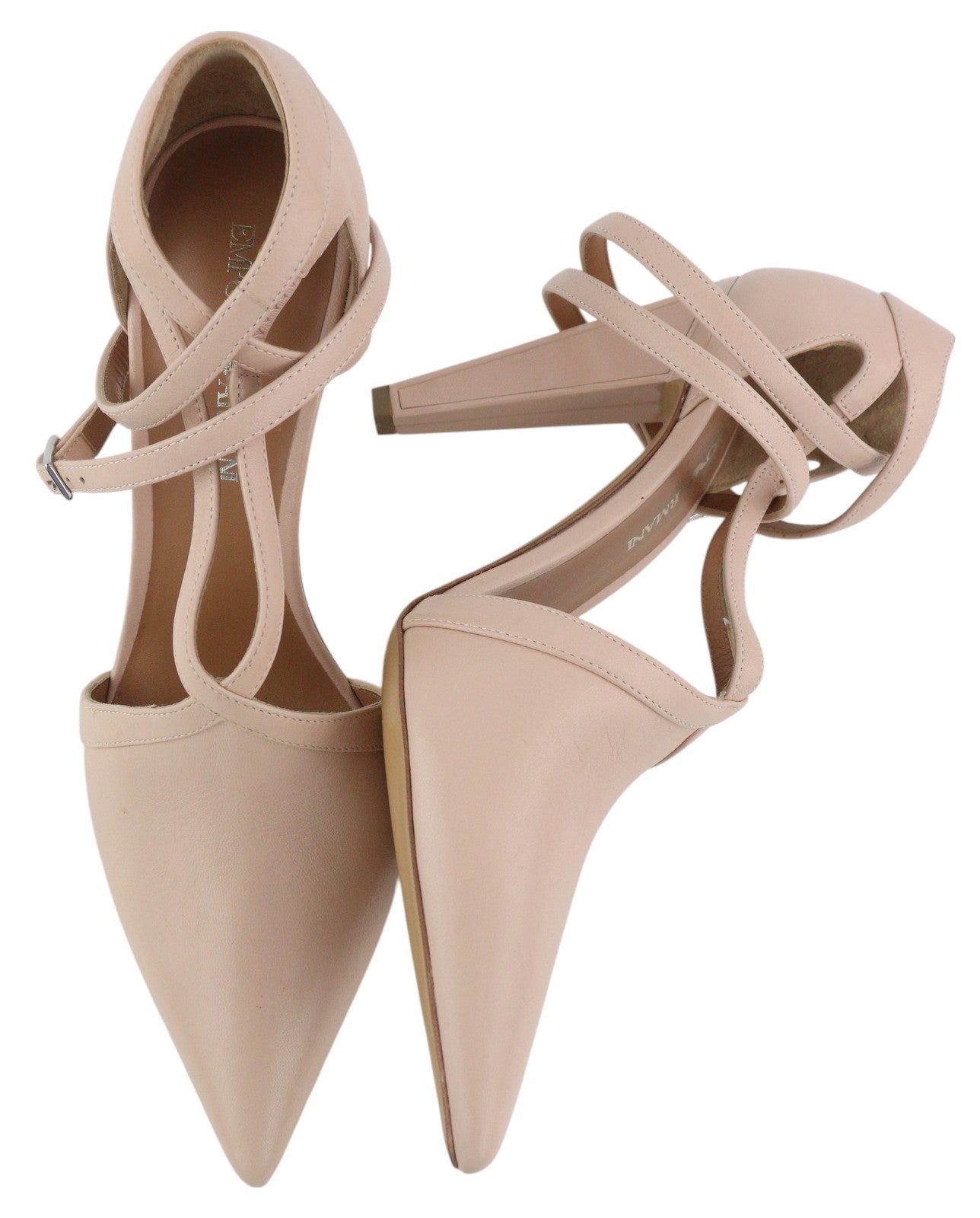 EMPORIO ARMANI Women's Pink Leather Heels EU37 Pointed Toe Strappy Buckle