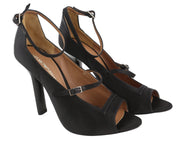 EMPORIO ARMANI X3P741 Women's Black Satin Heels EU37 Open Toe Buckle Logo