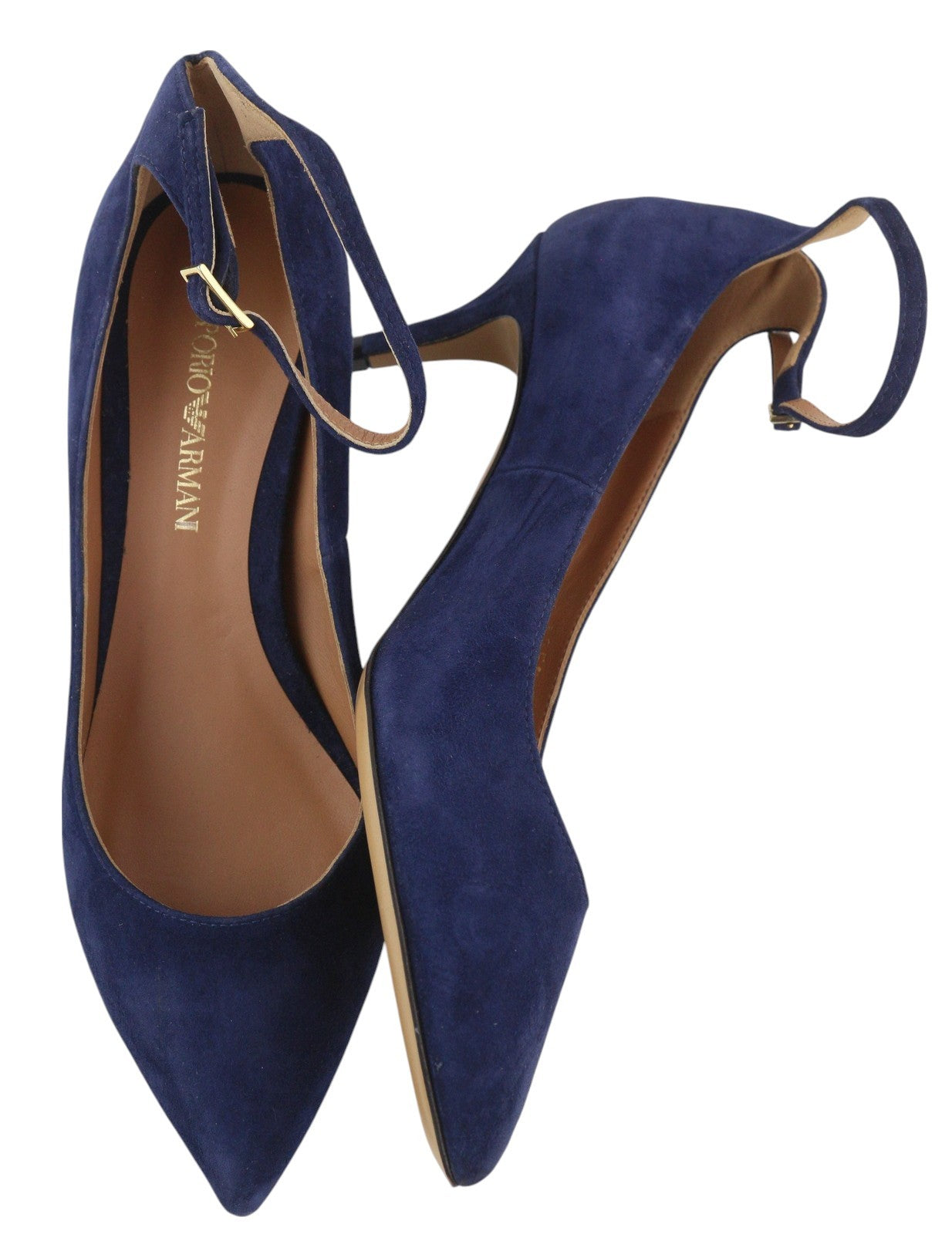 EMPORIO ARMANI Women's Blue Suede Heels EU37 Pointed Toe Buckle Fastening