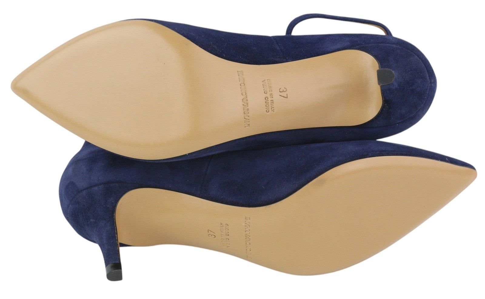 EMPORIO ARMANI Women's Blue Suede Heels EU37 Pointed Toe Buckle Fastening