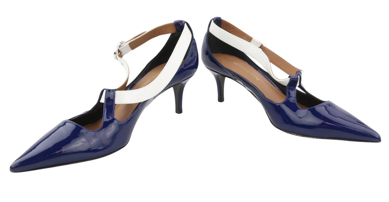 EMPORIO ARMANI X3E397 Women's Blue Patent Heels EU37 Pointed Toe Buckle