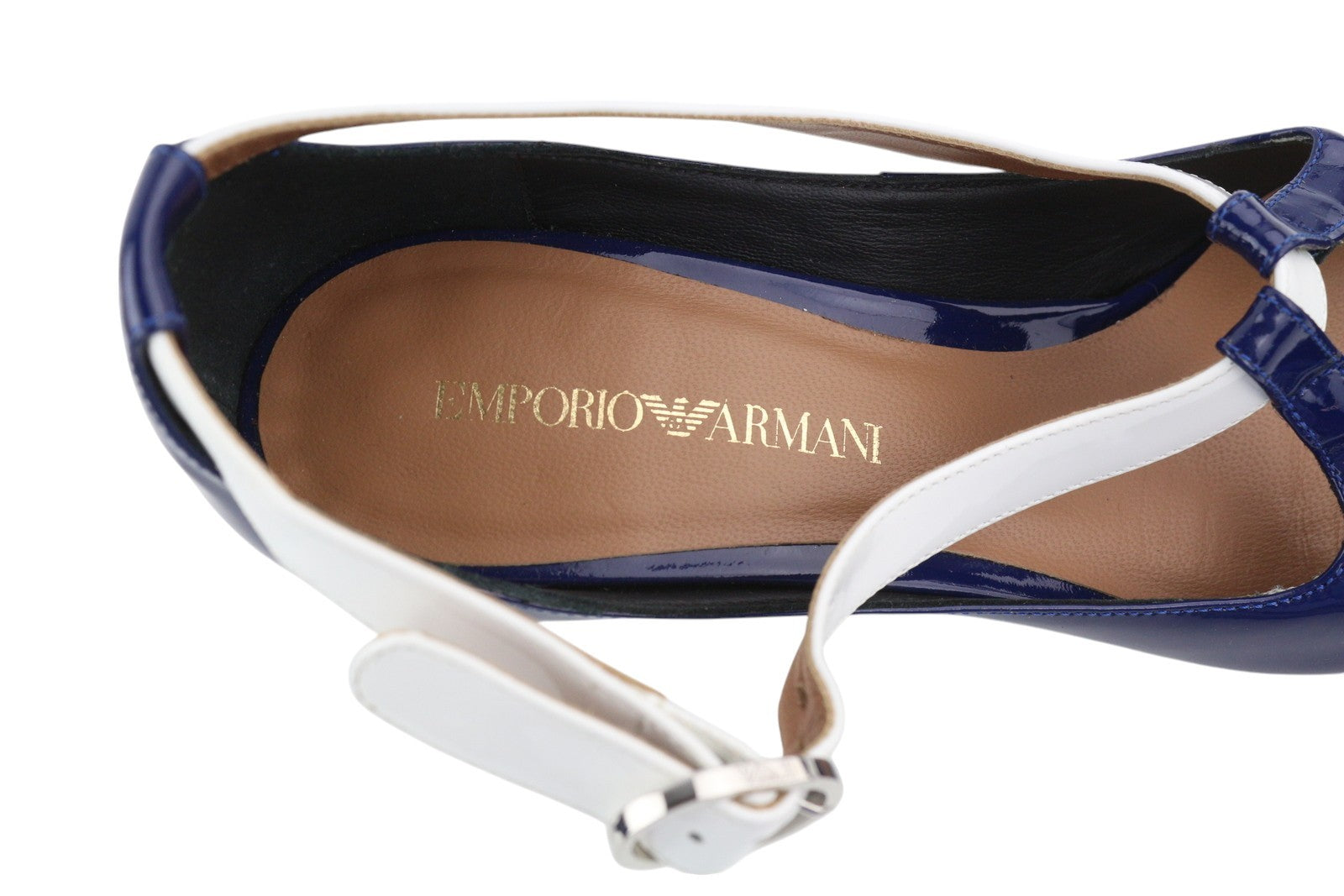 EMPORIO ARMANI X3E397 Women's Blue Patent Heels EU37 Pointed Toe Buckle