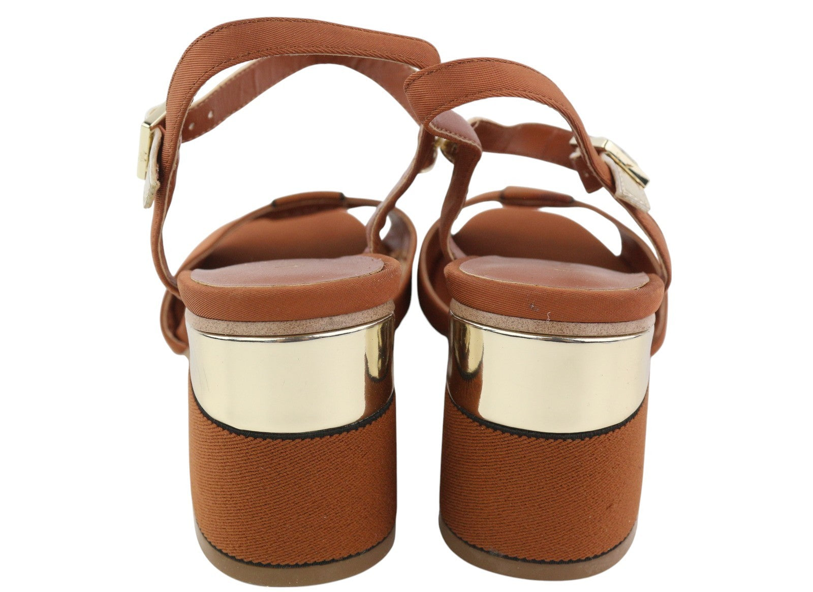 ARMANI EXCHANGE XDP005 Women's Brown Shiny Sandals EU37 Block Heel Detail