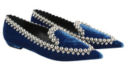 EMPORIO ARMANI X3A082 Women's Blue Velvet Shoes EU37 Pointed Toe Metal Trim