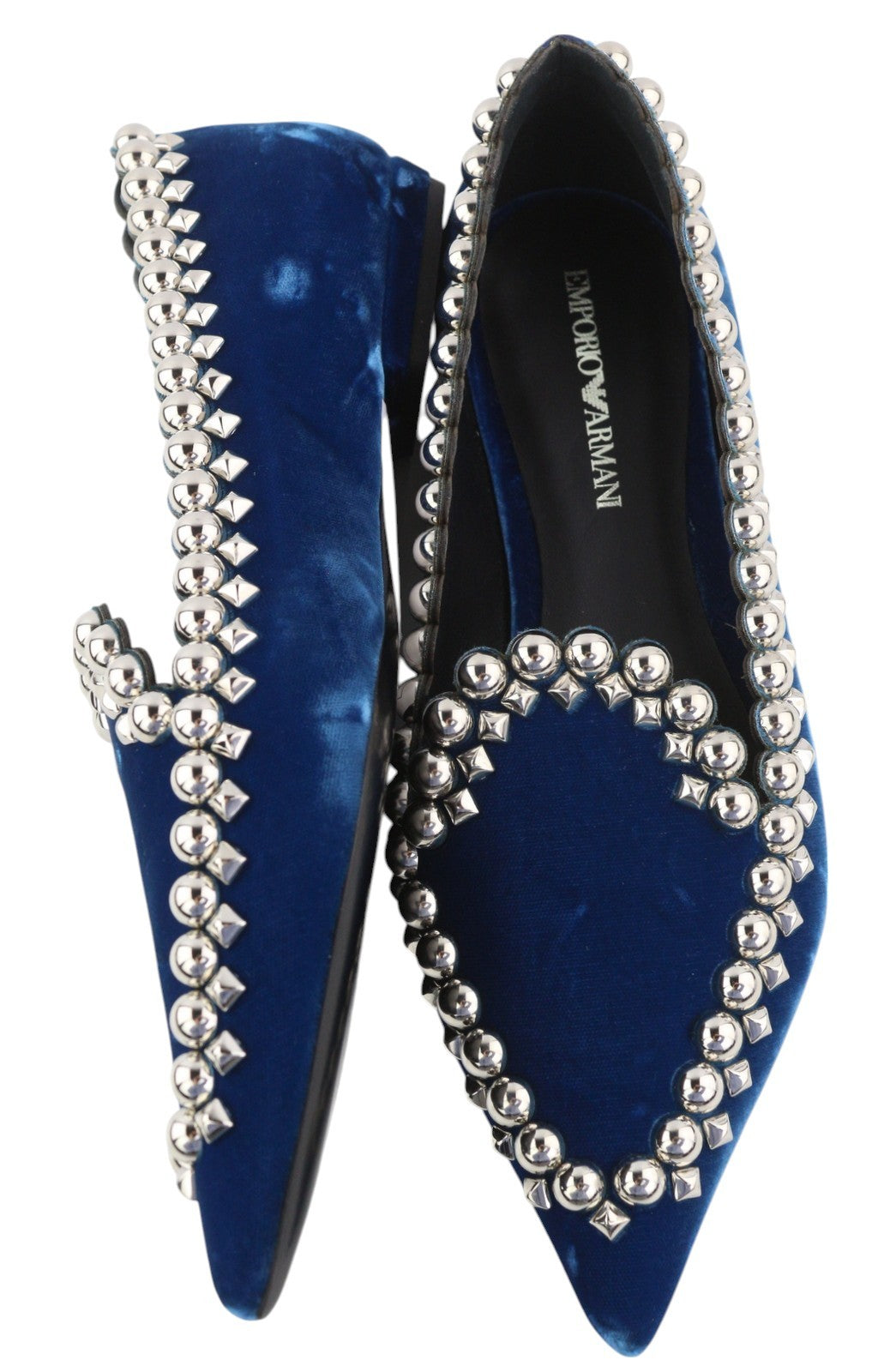EMPORIO ARMANI X3A082 Women's Blue Velvet Shoes EU37 Pointed Toe Metal Trim