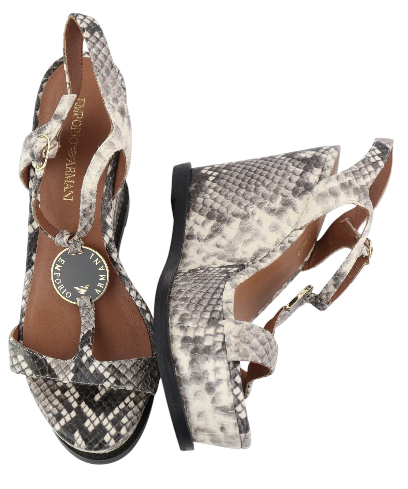 EMPORIO ARMANI Women's Snake Print Leather Sandals EU37 Platform Heel RRP288