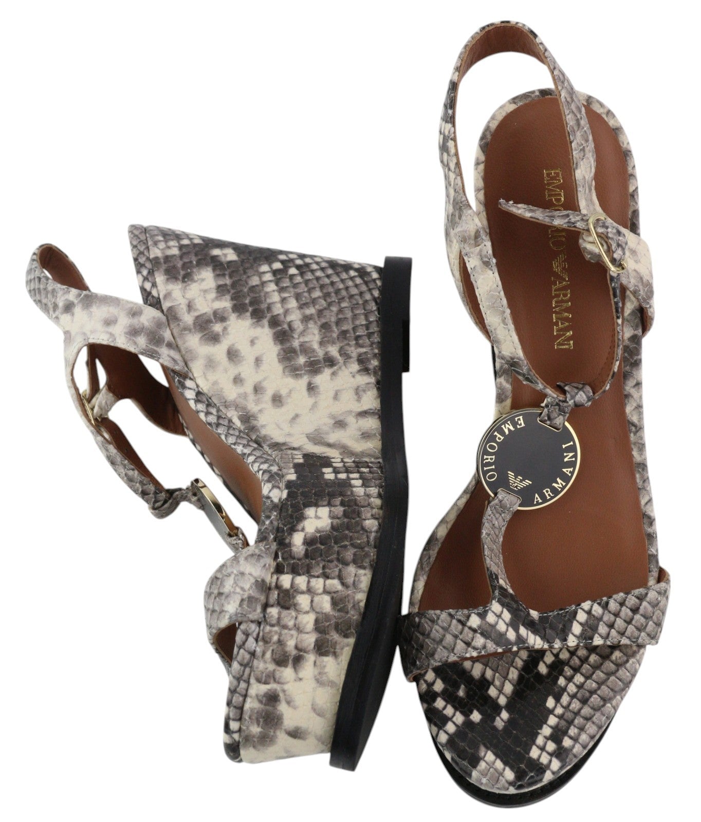 EMPORIO ARMANI Women's Snake Print Leather Sandals EU37 Platform Heel RRP288
