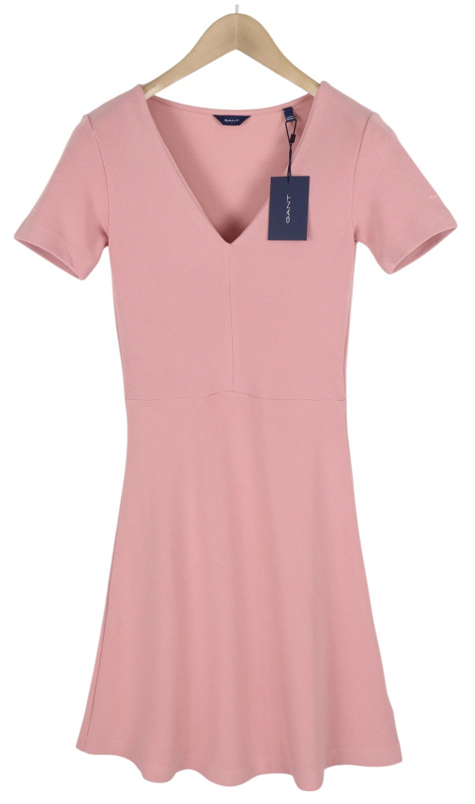 GANT Rib Structure Women's Dress XS Pink Stretch V Neck Short Sleeve Knee