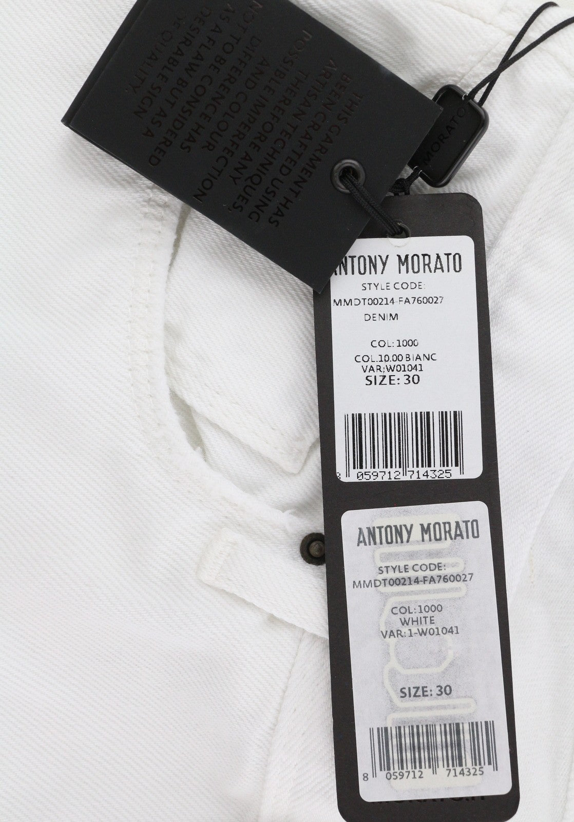 ANTONY MORATO Argon Men's Jeans W30 White Denim Slim Fit Ankle Button Fly