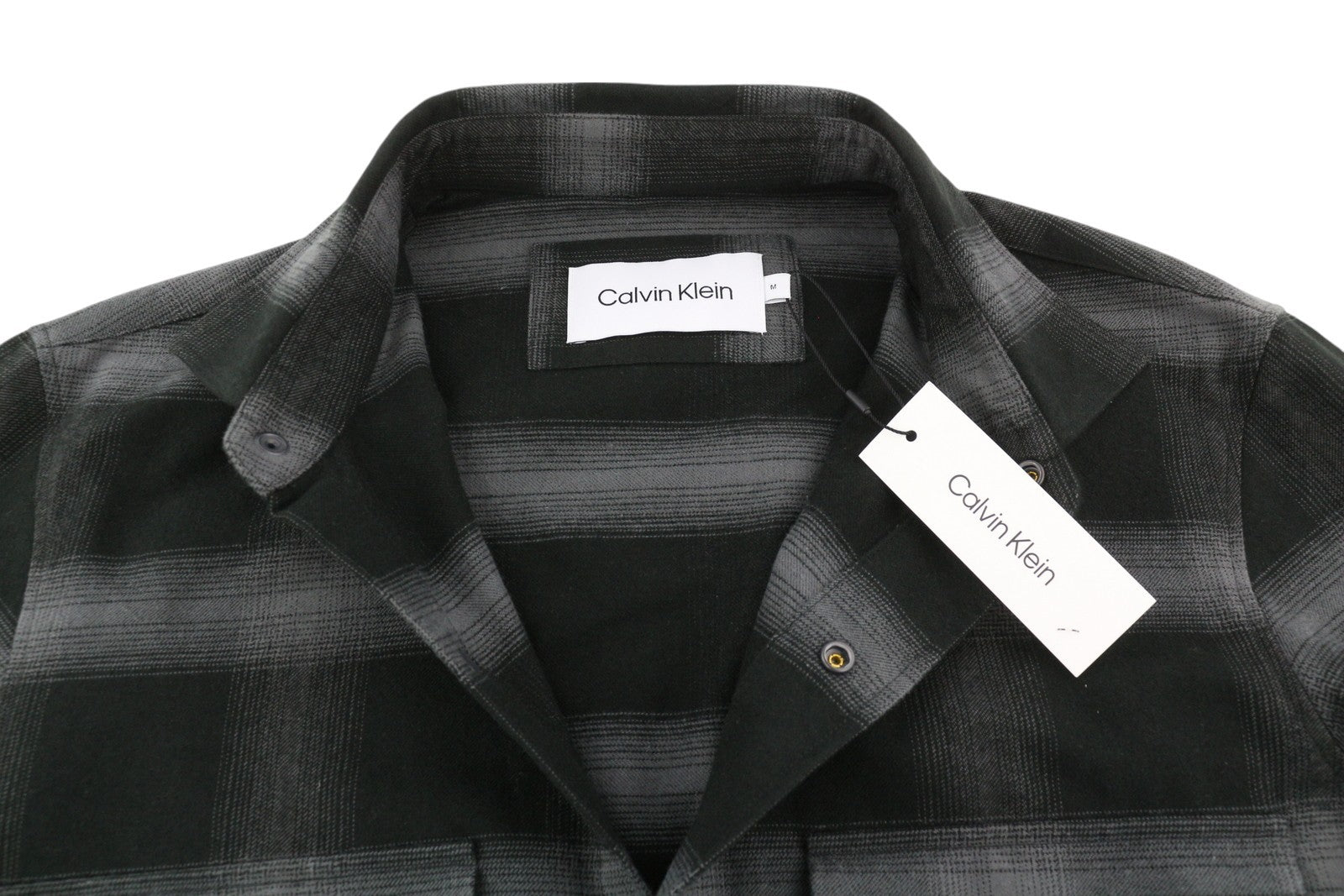 CALVIN KLEIN Twill Fleece Check Men's Jacket M Black Snap Button Overshirt