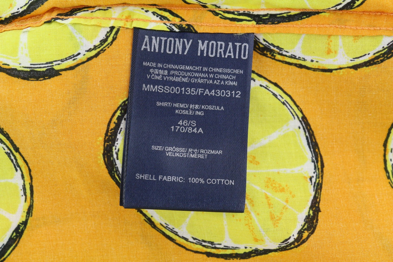 ANTONY MORATO Men's Shirt S Yellow Lemon Print Short Sleeve Button Up