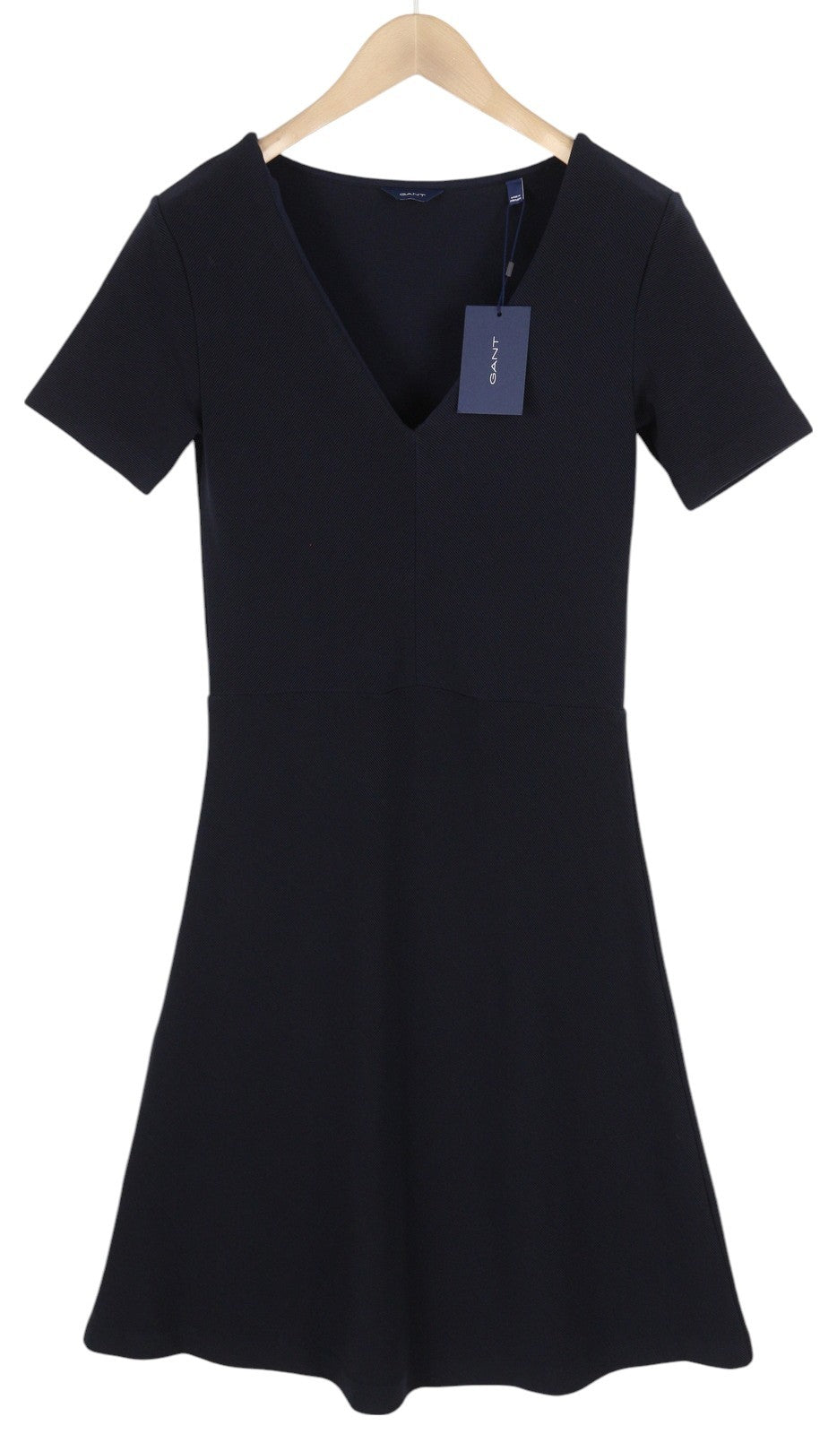 GANT Rib Structure Women's Dress S Blue Stretch V Neck Short Sleeve Knee