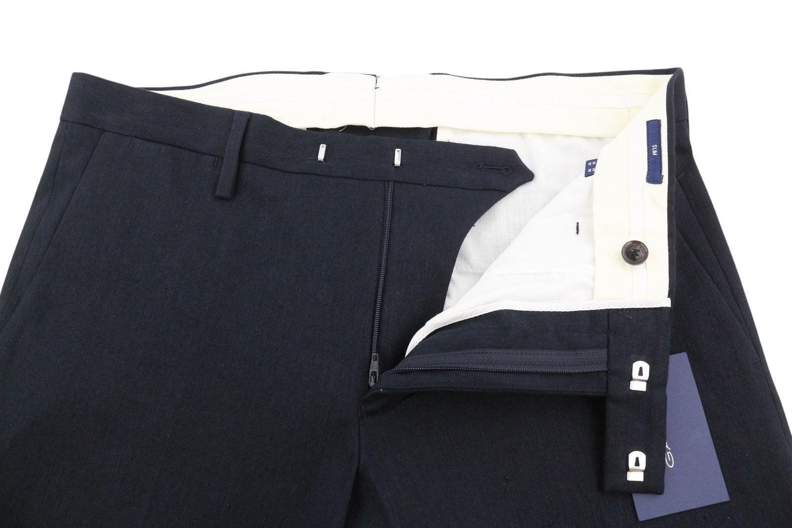 GANT Stretch Linen Men Trousers EU48 Evening Blue Slim Fit Flat Front Dark