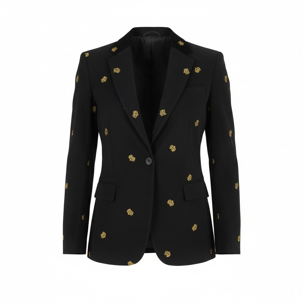 GANT Velvet Emb Shaped Women Blazer EU40 Evening Blue Embroidered Crown Peak