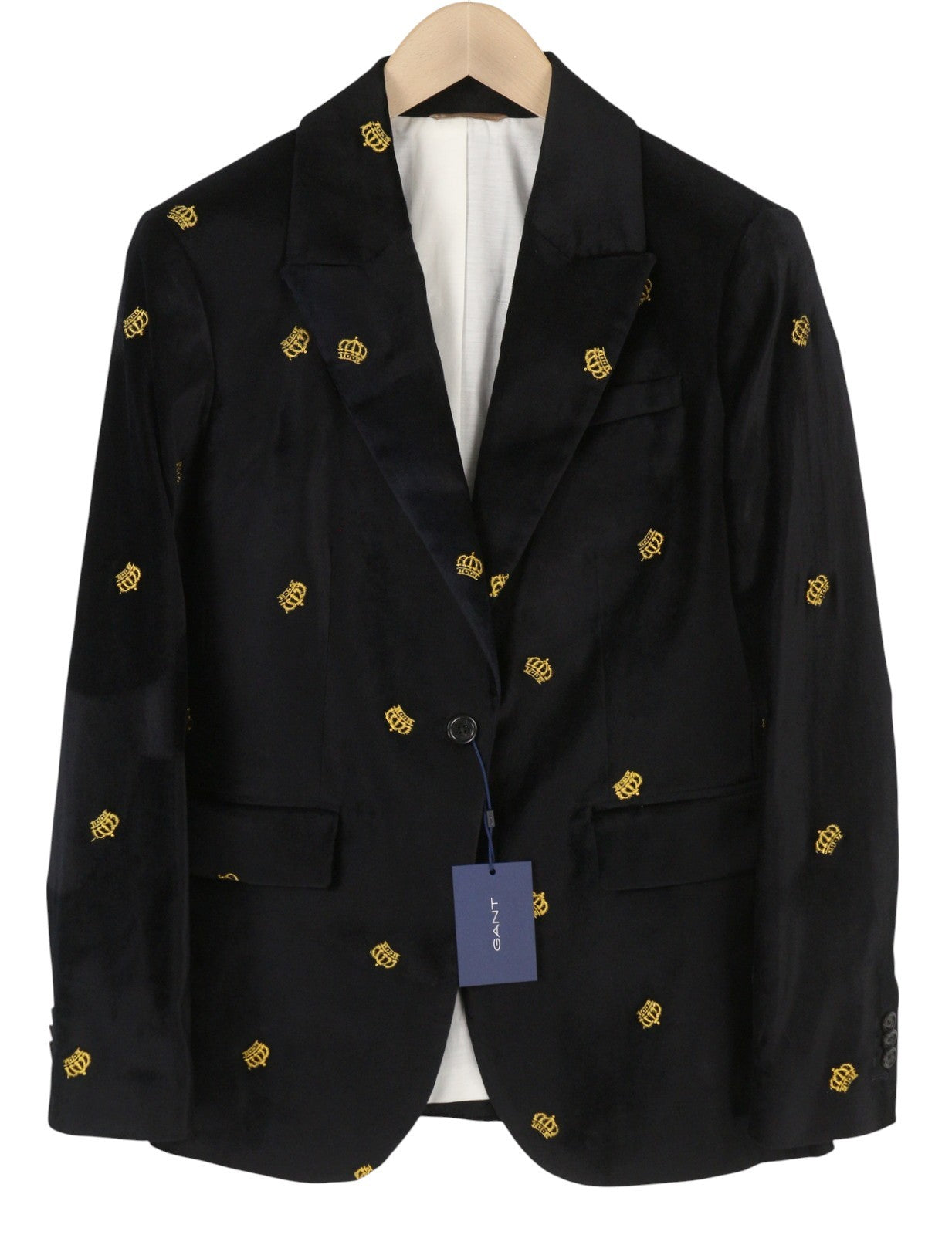 GANT Velvet Emb Shaped Women Blazer EU40 Evening Blue Embroidered Crown Peak