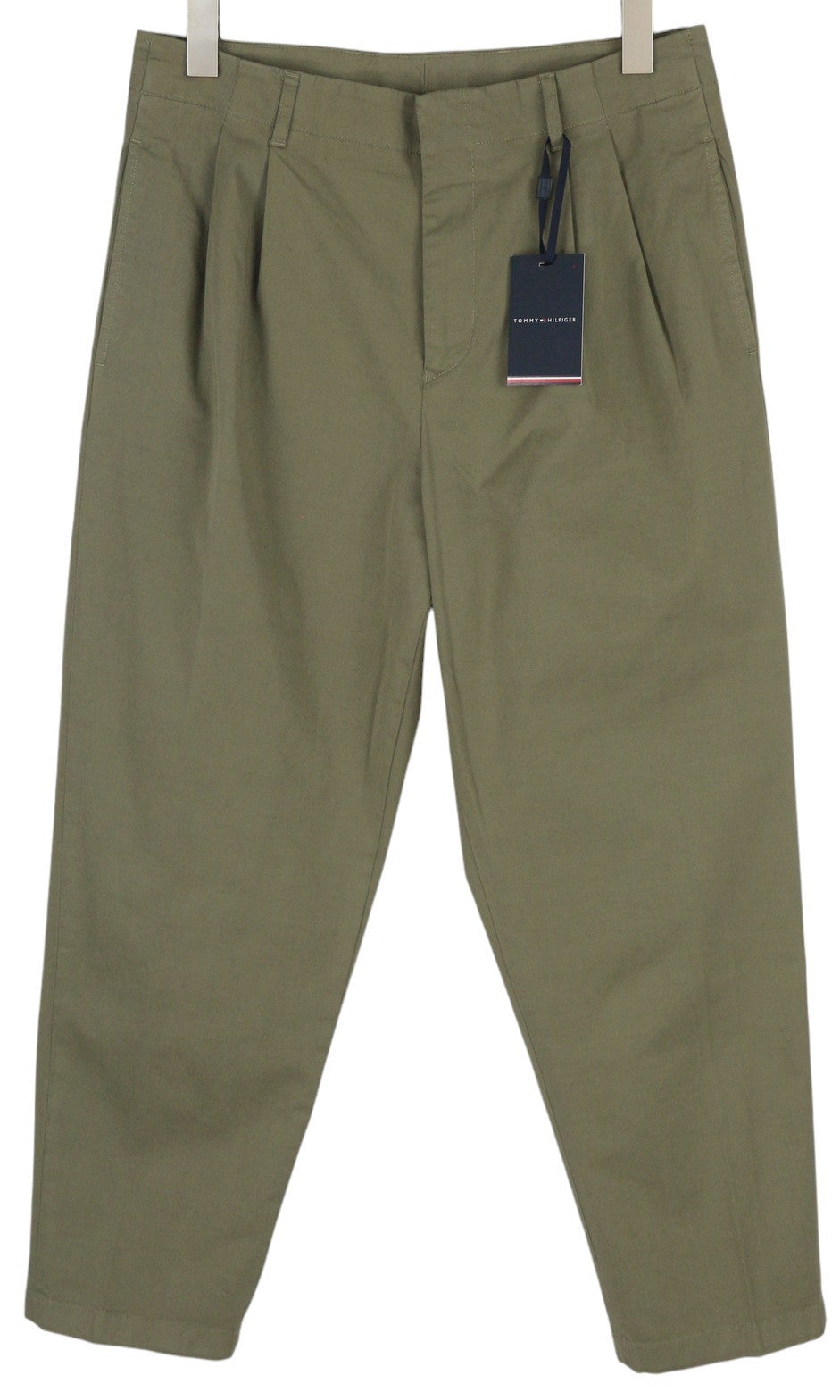 TOMMY HILFIGER Army Stretch Twill Men Trousers W32 Khaki Pleated Zip Tapered