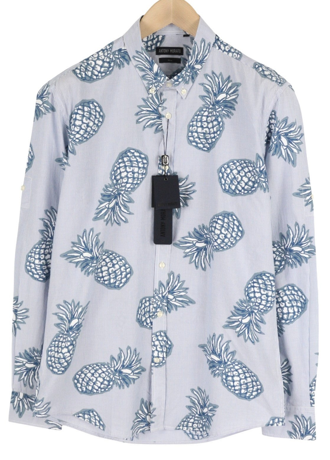 ANTONY MORATO Men Shirt L Blue Slim Fit Stripe Pineapple Roll-Up Button-Down