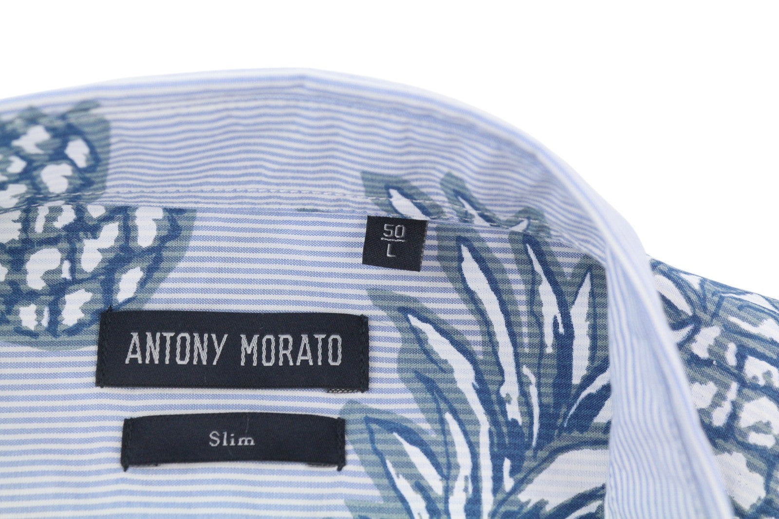 ANTONY MORATO Men Shirt L Blue Slim Fit Stripe Pineapple Roll-Up Button-Down