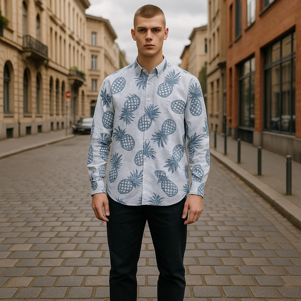 ANTONY MORATO Men Shirt S Blue Slim Stripe Pineapple Print Roll-Up Button-Down