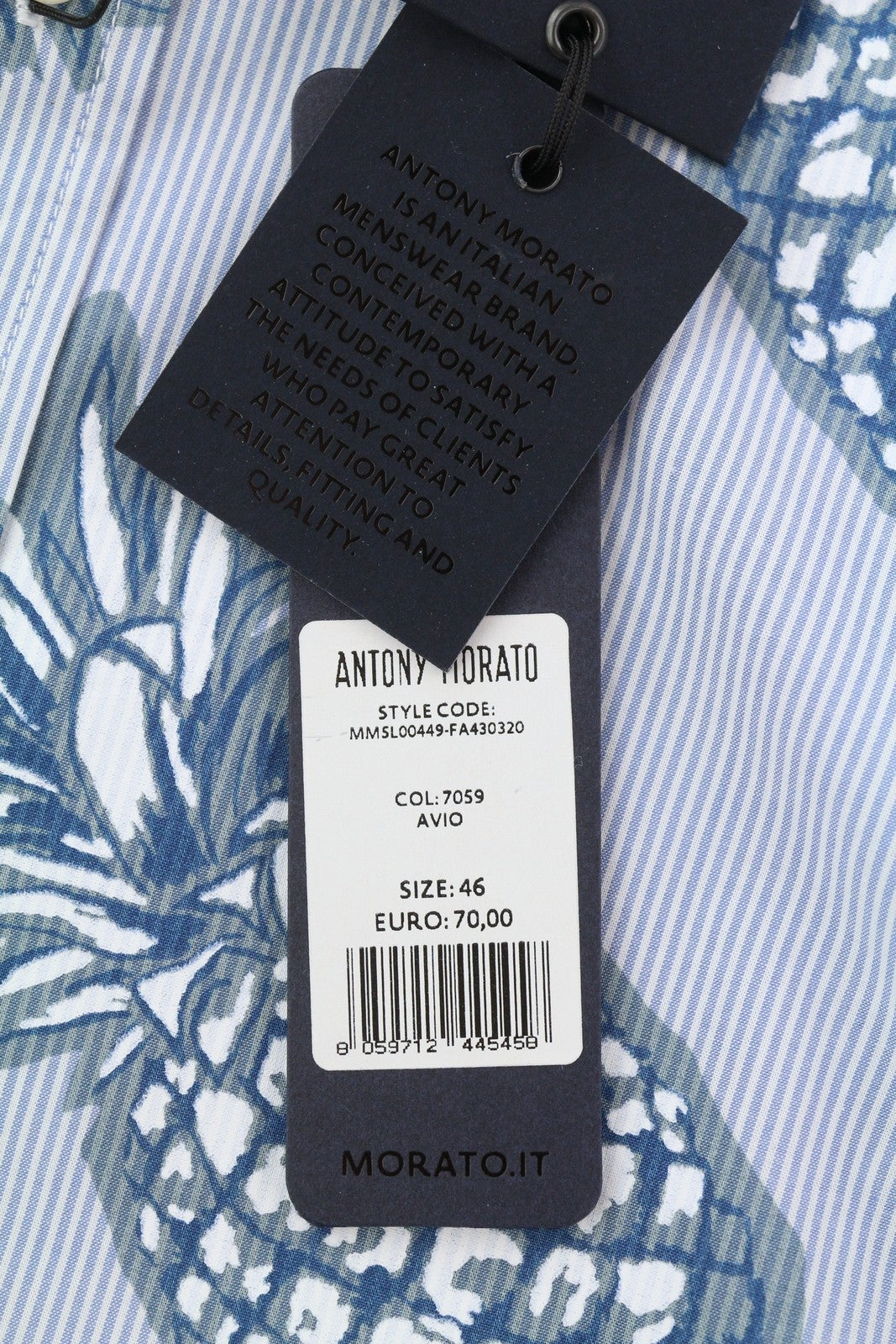 ANTONY MORATO Men Shirt S Blue Slim Stripe Pineapple Print Roll-Up Button-Down