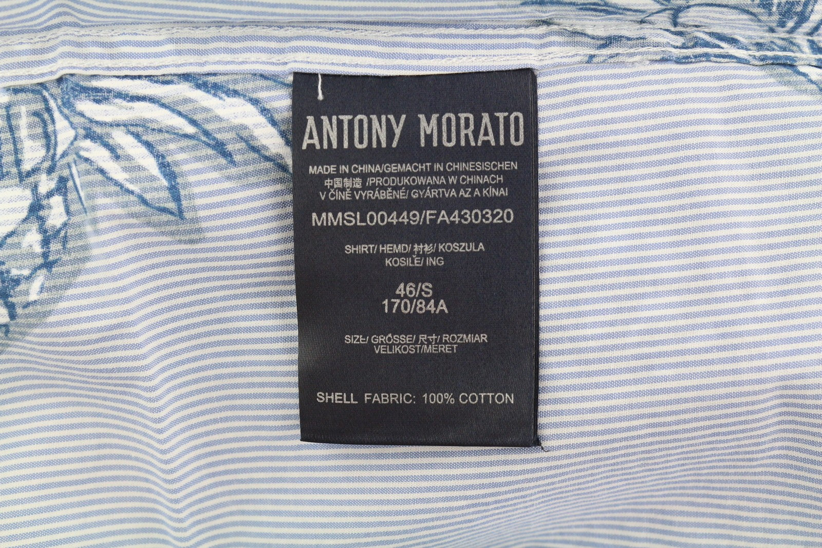 ANTONY MORATO Men Shirt S Blue Slim Stripe Pineapple Print Roll-Up Button-Down