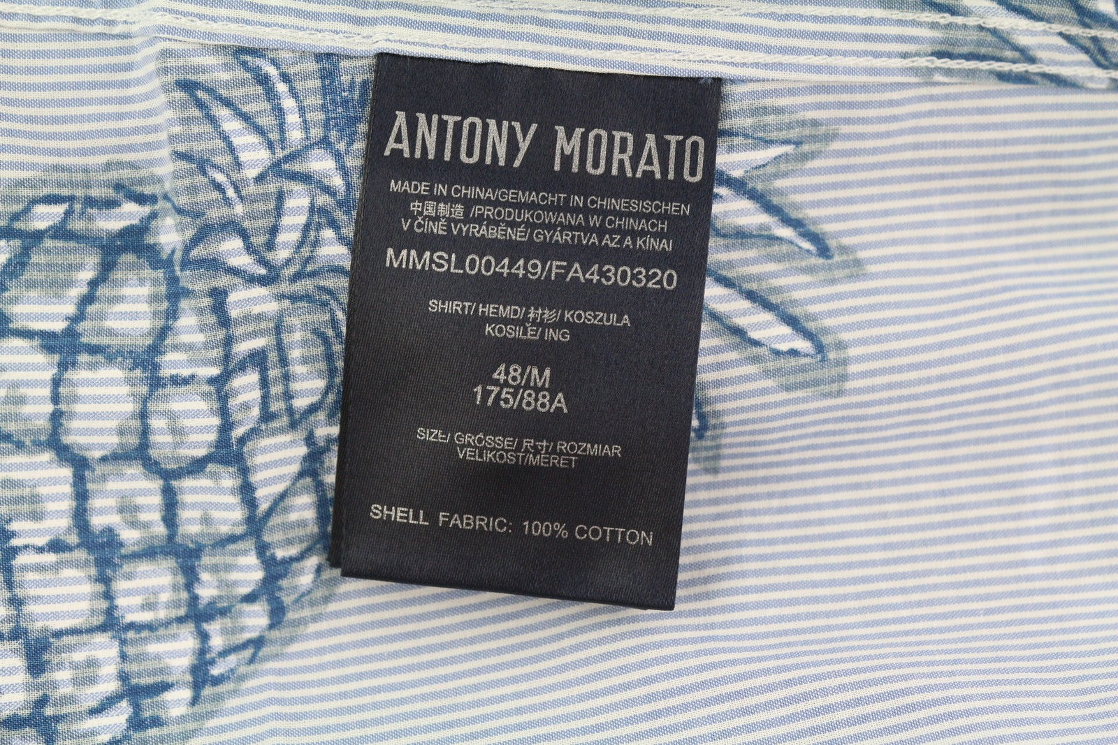 ANTONY MORATO Men Shirt M Blue Slim Fit Pineapple Stripe Roll-Up Button-Down